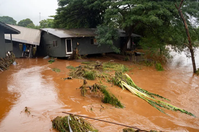 Vue d'une maison endommagée par la tempête près de branches tombées flottantes dans les eaux de crue causées par de fortes pluies à Waialua, Hawaï, le vendredi 20 mars 2026. (AP Photo/Mengshin Lin)