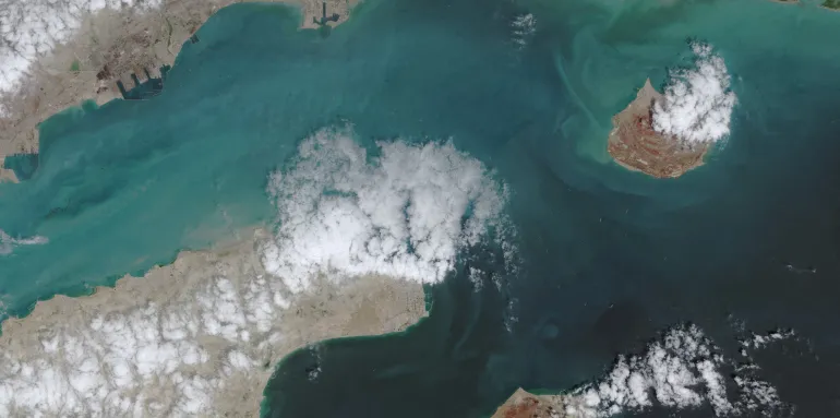 A satellite image shows the ship movement at the Strait of Hormuz on April 17, 2026, in Space. EUROPEAN UNION/COPERNICUS SENTINEL-2/Handout via REUTERS THIS IMAGE HAS BEEN SUPPLIED BY A THIRD PARTY MANDATORY CREDIT.