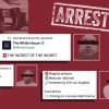 Un collage comprenant des captures d'écran de messages de la Maison Blanche et du Département de la Sécurité intérieure contenant des informations sur les arrestations liées à l'immigration, notamment "le pire du pire," les faits sur la personne et les crimes présumés qu'elle a commis. Il y a un grand timbre qui dit "arrêté" et le logo DHS. Il y a aussi des photos de personnes avec des barres noires sur les yeux et une photo d'agents de l'ICE. L'image entière est d'un rouge foncé avec des nuances de blanc et de noir.