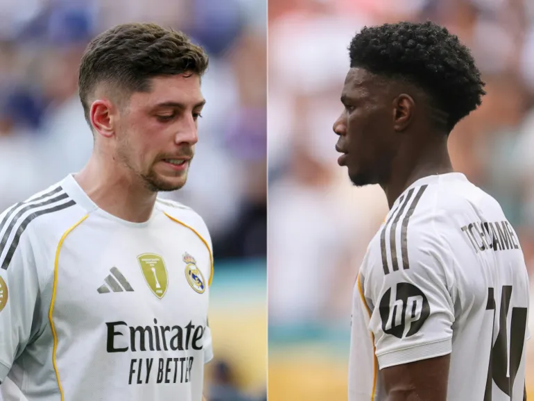 (COMBO)(FILES) Cette combinaison d'images de fichiers créées le 8 mai 2026 montre Federico Valverde du Real Madrid après le match de football de la Coupe du Monde des Clubs de la FIFA 2025 entre le Real Madrid CF et Al Hilal au Hard Rock Stadium le 18 juin 2025 à Miami Gardens, en Floride, et Aurélien Tchouameni (R) du Real Madrid après le match de football de la Coupe du Monde des Clubs de la FIFA 2025 entre le Real Madrid CF et la Juventus FC au Hard Rock Stadium en juillet 1er janvier 2025 à Miami Gardens, Floride.