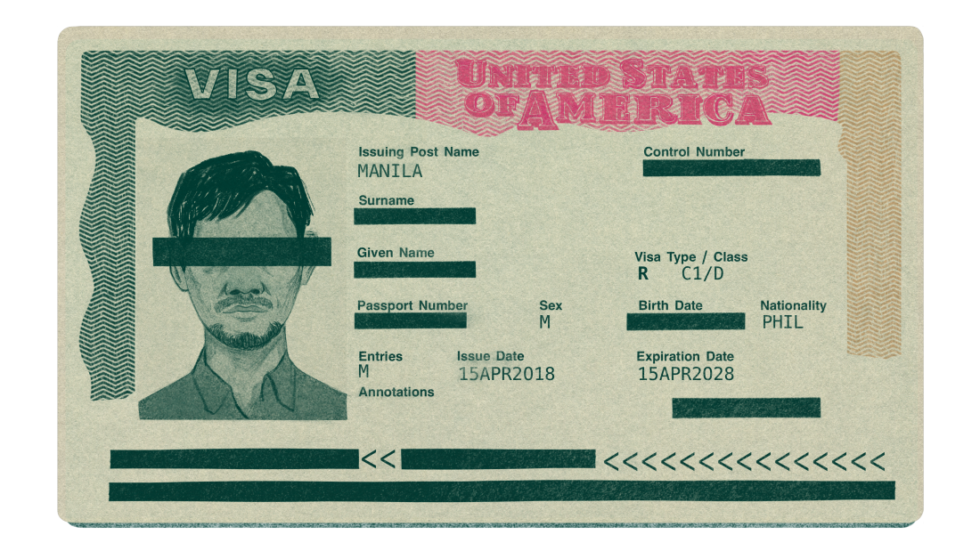 Illustration d'une carte d'identité Visa américaine avec l'identité de la personne barrée.