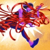 Illustration d'une femme qui court en étant emmêlée dans un long reçu rouge de la tête aux pieds.
