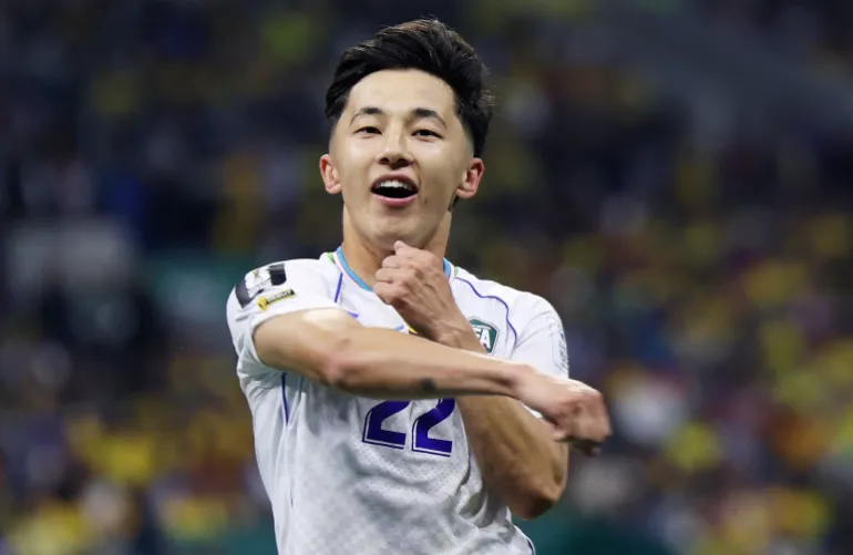 Football football - coupe du monde de la FIFA 2026 - Groupe K - Ouzbékistan / Colombie - Estadio Azteca, Mexico, Mexique - 17 juin 2026 Abbosbek Fayzullaev, en Ouzbékistan, célèbre son premier but REUTERS/Raquel Cunha