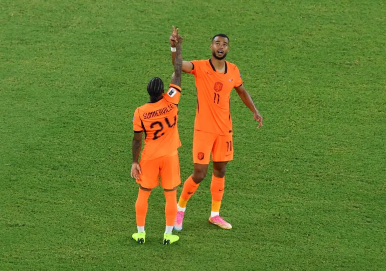 Football football - coupe du monde de la FIFA 2026 - Round de 32 - pays-Bas contre Maroc - Estadio Monterrey, Monterrey, Mexique - 29 juin 2026 Cody Gakpo des pays-Bas célèbre son premier but avec Crysencio Summerville REUTERS/Raquel Cunha IMAGES TPX DU JOUR