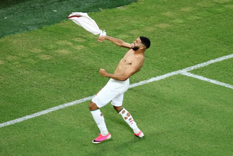 Football football - coupe du monde de la FIFA 2026 - Round de 32 - pays-Bas contre Maroc - Estadio Monterrey, Monterrey, Mexique - 29 juin 2026 Ismael Saibari, du Maroc, célèbre une pénalité lors de la fusillade de pénalité pour gagner le match alors que le Maroc se qualifie pour la ronde de 16 étapes de la coupe du monde REUTERS/Raquel Cunha