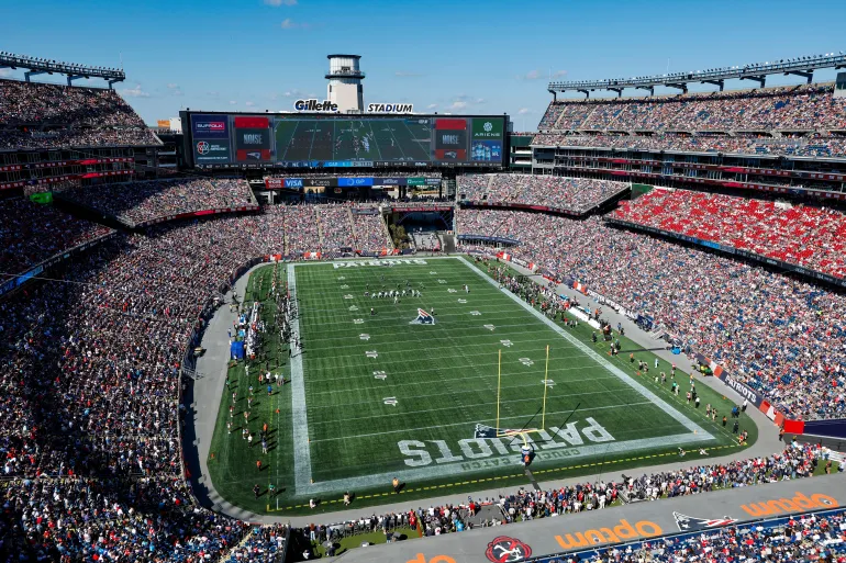 A general view of Gillette Stadium during the first half of an NFL football game between the New England Patriots and the Carolina Panthers, Sunday, Sept. 28, 2025, in Foxborough, Mass. (AP Photo/Greg M. Cooper)