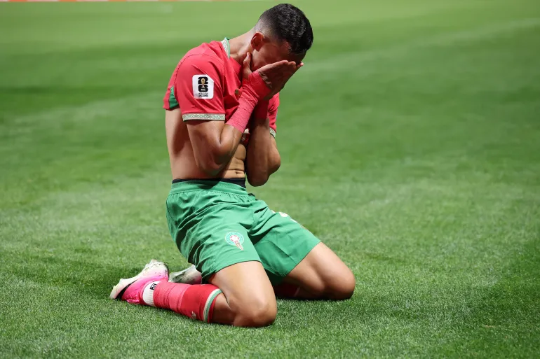 ATLANTA, GÉORGIE - 24 JUIN : Soufiane Rahimi #9 du Maroc célèbre le troisième but de son équipe lors du match du groupe C de la Coupe du Monde de la FIFA 2026 entre le Maroc et Haïti au stade d'Atlanta le 24 juin 2026 à Atlanta, Géorgie. Kevin C. Cox/Getty Images/AFP (Photo de Kevin C. Cox / GETTY IMAGES NORTH AMERICA / Getty Images via AFP)