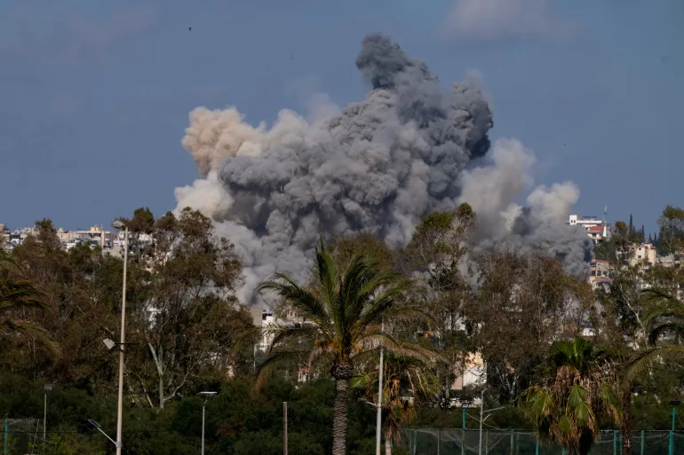 Smoke rises from an Israeli airstrike that hit Burj al-Shamali village near the southern port city of Tyre, Lebanon, Tuesday, June 2, 2026. (AP Photo/Mohammed Zaatari)