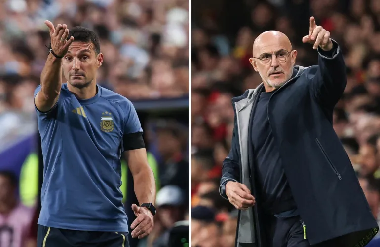(COMBO) Cette combinaison de photos d'archives créées le 16 juillet 2026 montre l'entraîneur-chef argentin Lionel Scaloni à Kansas City le 11 juillet 2026 (à gauche) ; et l'entraîneur espagnol Luis de la Fuente à Cornella de Llobregat le 31 mars 2026. L'Espagne et l'Argentine se rencontreront lors du match final de la Coupe du monde de football 2026 au New York/New Jersey Stadium à East Rutherford le 19 juillet 2026. (Photo d'Odd ANDERSEN et Lluis GENE / AFP)