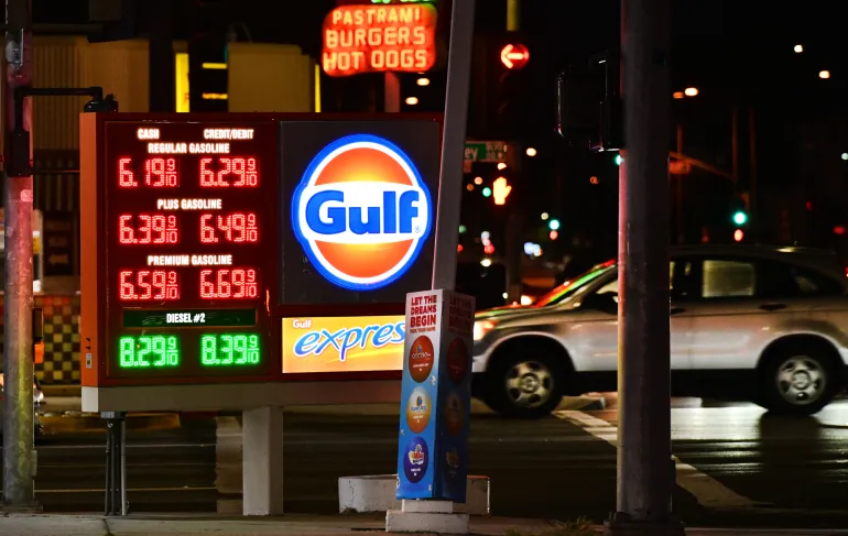 Gas prices are seen at a gas station in Alhambra, California on September 28, 2026. (Photo by Frederic J. BROWN / AFP)